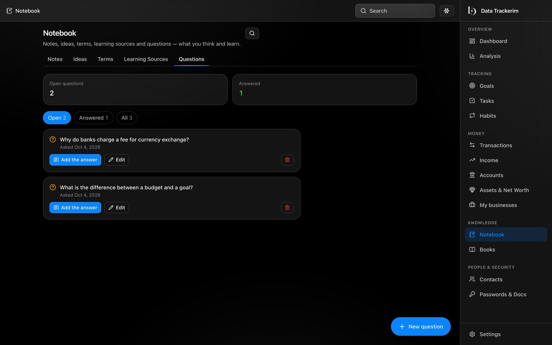 The Notebook Questions tab with open questions
