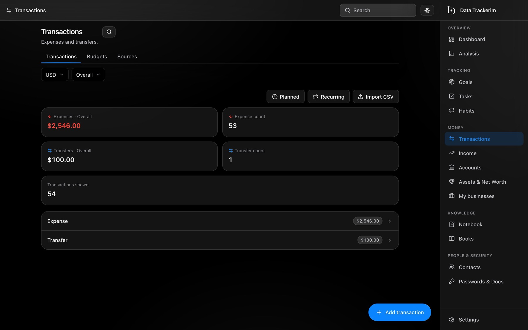 The Transactions page